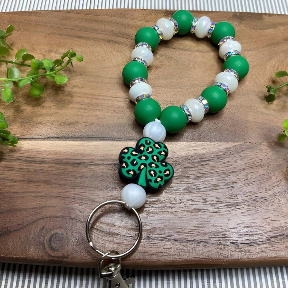 St. Patrick's Day Beaded Wristlet Keychain: Lucky Shamrock Charm & Green Clover